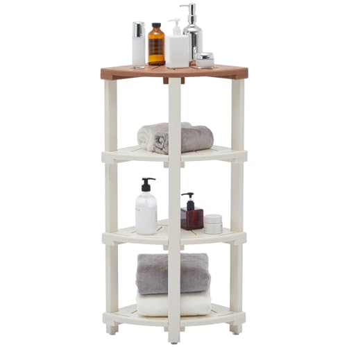 Shower Bench, Corner Shower Stool for Inside Shower and Shaving Legs, Waterproof HDPE Shower Chair Seat with Storage Shelf for Bathroom Non-Slip - color: Teak White, size: 4-Tires
