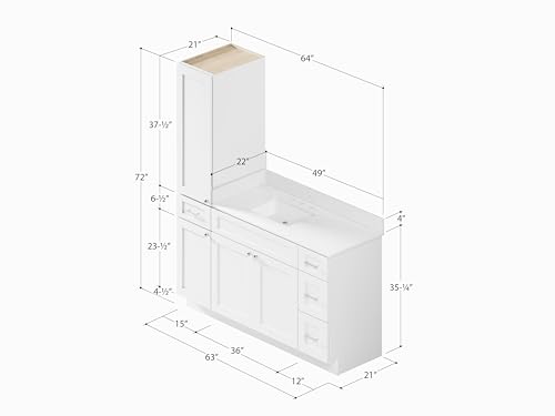 63" Bathroom Vanity with Linen Storage Tower and 4 Drawers, Carrara Quartz Top and Ceramic Sink, Left or Right Tower Option, Solid Wood Frame, 64" x 22" x 72" (White, Left Tall Cabinet) - color: White