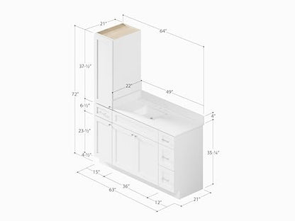63" Bathroom Vanity with Linen Storage Tower and 4 Drawers, Carrara Quartz Top and Ceramic Sink, Left or Right Tower Option, Solid Wood Frame, 64" x 22" x 72" (White, Left Tall Cabinet) - color: White