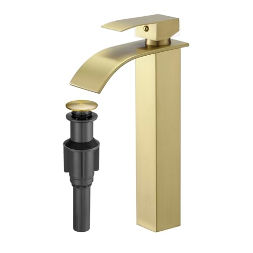 RUMOSE Tall Bathroom Faucet Vessel Sink Faucet with Drain, Brushed Gold | Modern Single Handle One Hole Bathroom Faucet Waterfall Rv Lavatory Vanity Faucet Mixer Tap, Pop Up Drain, Stainless Steel - color: Brushed Gold