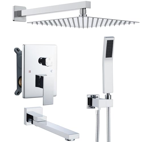 DASAN Tub Shower Faucets Sets Complete Chrome Bathtub Shower System with Tub Spout, Bathtub Faucet Set Tub and Shower Faucet Combo Trim Kit with Rough-in Valve, DA-SS03PC-S10W - color: Chrome