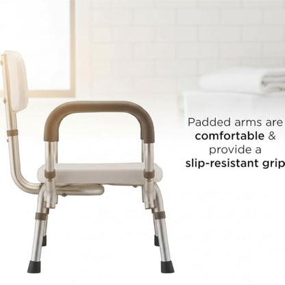 NOVA Bath & Shower Seat w/U-Shaped Hygienic Cutout & Padded/Removable Arms & Back - for Seniors, Handicap & Medical Use, Adjustable Height, Aluminum Frame, Non-Skid Safety, Tool-Free, 300lb Capacity