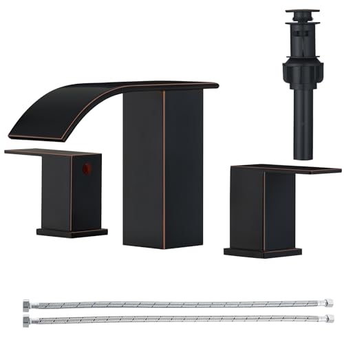RUMOSE Bathroom Faucets Bronze Bathroom Sink Faucet 3 Hole with Drain | 8 inch Widespread 2 Handles Lavatory Vanity Faucet Set, Waterfall Spout, Deck Mounted, Pop Up Drain, Stainless Steel - color: Oil Rubbed Bronze