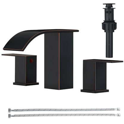RUMOSE Bathroom Faucets Bronze Bathroom Sink Faucet 3 Hole with Drain | 8 inch Widespread 2 Handles Lavatory Vanity Faucet Set, Waterfall Spout, Deck Mounted, Pop Up Drain, Stainless Steel - color: Oil Rubbed Bronze