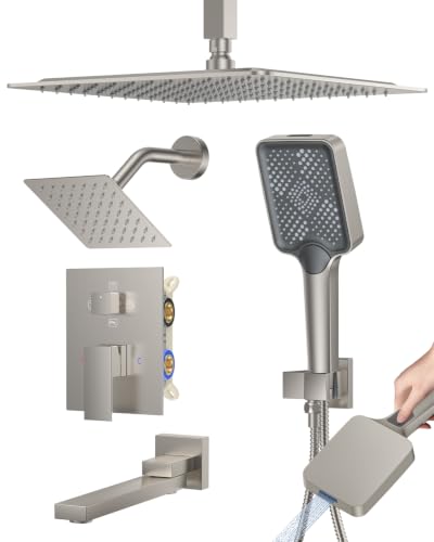Woindo 4 Function Shower Faucet Set 12" Rain Shower Head/6'' Side Shower Head and 3 Setting Handheld Ceiling Mount Push Button Diverter Complete Rainfall Round Shower System Included Valve Trim Kit - color: Brushed Nickel, style: 4-Function-Ceiling