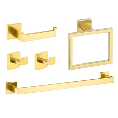5-Piece Brushed Gold Bathroom Hardware Set - Hand Towel Bar, Toilet Paper Holder, Towel Ring & Rack - color: Gold