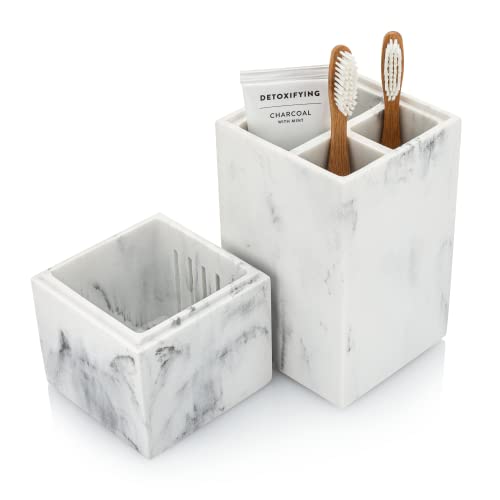 Toothbrush Holder with Lid, Elegant White Marble Bathroom Toothbrush & Toothpaste Organizer – Blanc Collection - color: White Marble