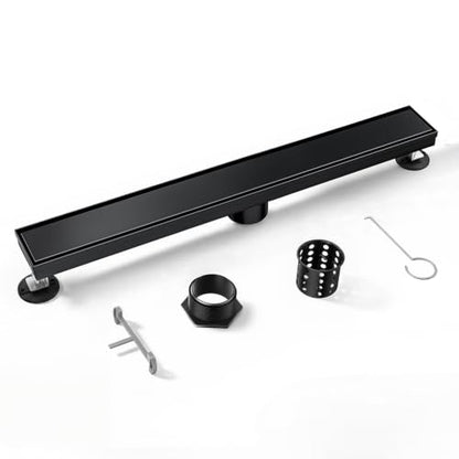 Linear Shower Drain, 304 Stainless Steel with Adjustable Leveling Feet, Hair Strainer,Reversely Install Place to Create an Invisible Floor Drain - Black -32-Inch - color: Matte Black, size: 32inch