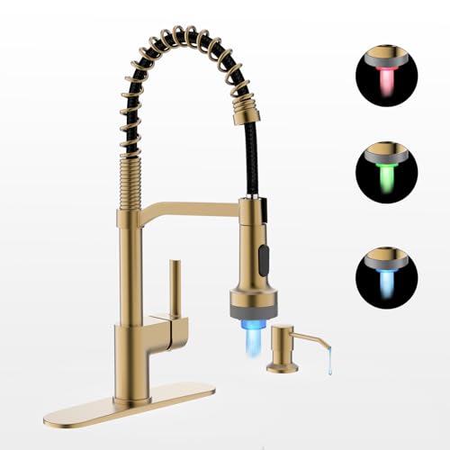 LED Kitchen Faucet with Soap Dispenser, Gold Kitchen Faucet, Faucet for Kitchen Sink, Single Handle Stainless Steel Camper Farmhouse RV Sink Faucets with Pull Down Sprayer - color: C-Brushed Gold, style: Contemporary