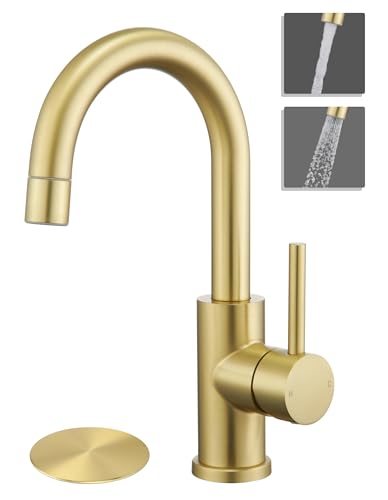 Tohlar Gold Bathroom Faucet with 2 Mode Sprayer | Single Hole Bar Sink Faucet, 360° Swivel, with Pop Up Drain, for Vanity RV Laundry - color: Brushed Gold