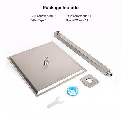 Shower Head with Extension Arm, High Pressure Square with ShowerArm, Stainless Steel Rainfall-Waterfall Full Body Coverage (10'' Shower with 16'' Arm, Brushed Nickel) - color: Brushed Nickel, size: 10'' Shower with 16'' Arm