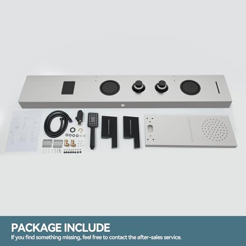 5 in 1 Brushed Nickel Rainfall Shower Panel Tower System With Storage Shelf | Stainless Steel Shower Tower with Rainfall Shower Handheld and Tub Spout Powerful Body Jets Shower Panel Set by BATHLAVISH - color: Brushed Nickel