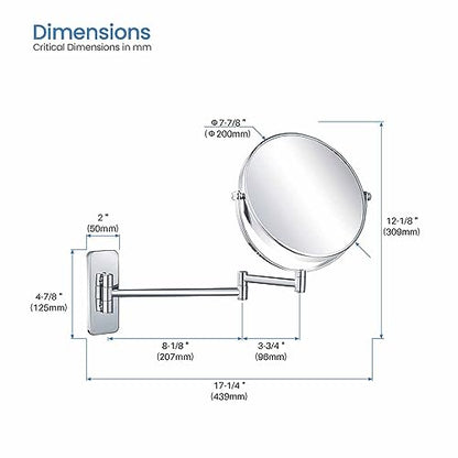 Circular Wall Mount Makeup Mirror, Dual-Sided 1x/5x Magnifying Mirror with Extendable Arm, 360° Swivel, Solid Brass Construction for Durability and Style (Chrome, KMM100) - color: Chrome