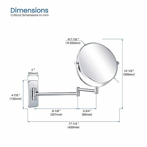 Circular Wall Mount Makeup Mirror, Dual-Sided 1x/5x Magnifying Mirror with Extendable Arm, 360° Swivel, Solid Brass Construction for Durability and Style (Chrome, KMM100) - color: Chrome