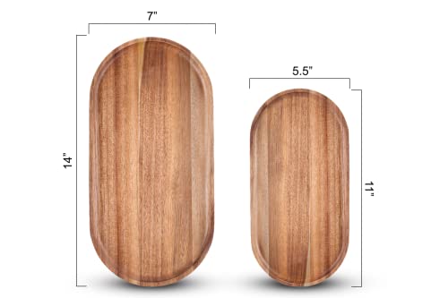 Acacia Wooden Serving Trays Set of 2 - Rectangular Oval Shaped Wood Plates for Charcuterie Cheese Bread Fruit Vegetable Dip Sushi - Rustic Serving Platter Shallow Dishes -14x7 & 11x5.5 In.