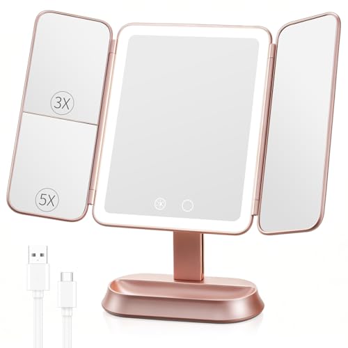 FRANO Lighted Makeup Mirror with 1X/3X/5X Magnification, Elegant Rose Gold Trifold Vanity Mirror, Smart Touch & Sensor, 3 Lighting Modes, Rechargeable Portable Mirror for Gift - Rose Gold - color: Rose Gold