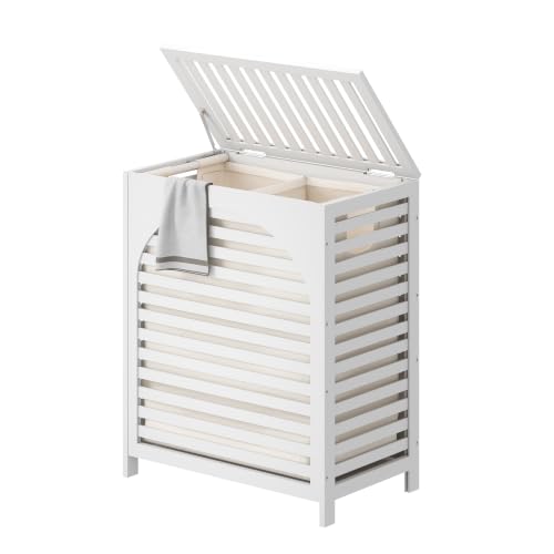 Laundry Hamper with Lid, Bamboo with Handles and Removable Liner Bag, 125L Laundry Basket for Bedroom, Bathroom & Laundry Room (White) - color: White