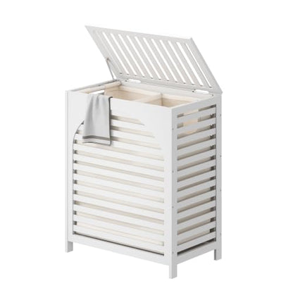Laundry Hamper with Lid, Bamboo with Handles and Removable Liner Bag, 125L Laundry Basket for Bedroom, Bathroom & Laundry Room (White) - color: White