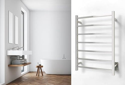 WarmlyYours Tahoe Heated Towel Rack, 7 Bars, Polished Stainless Steel | Hardwired 120V heated towel rack for spa-like bathroom comfort, 427 BTU/hr, energy-efficient towel drying - color: Polished Stainless Steel (7 Bars)