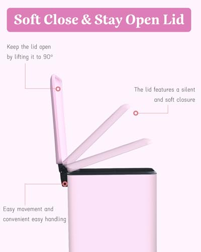 Bathroom Trash Can, Small Trash Can with Lid, Pink Cute Trashcan | 1.3 Gal, Trash Can with Removable Inner Bucket, Soft Close lid, Stainless Steel Step Pedal Garbage Can for Bathroom, Bedroom - color: Pink
