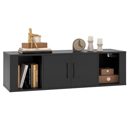 Giantex Wall Mounted Storage Cabinet 2 Cube Floating Media Hanging Desk W/2 Doors and 2 Open Shelves, Home Office Furniture for Kitchen, Bathroom, Living Room Floating Console Hutch (Black) - color: Black
