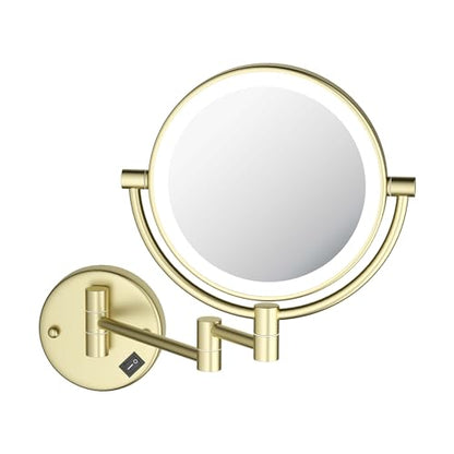KIBI Circular Wall Mount Makeup Mirror with LED Lights, Dual-Sided 1x/5x Magnifying Mirror with Adjustable Arm, 360° Swivel, Solid Brass Construction for Durability and Style (Brushed Gold, KMM101) - color: Brushed Gold