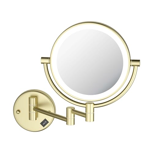KIBI Circular Wall Mount Makeup Mirror with LED Lights, Dual-Sided 1x/5x Magnifying Mirror with Adjustable Arm, 360° Swivel, Solid Brass Construction for Durability and Style (Brushed Gold, KMM101) - color: Brushed Gold