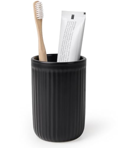 BosilunLife Ceramic Toothbrush Holder - 12oz Bathroom Toothbrush Holder Tooth Brush Holders Tumbler Cups Reusable Toothbrush Mouthwash Cup Small Toothbrush and Toothpaste Holder, Striped Black - color: Black-vsc, size: striped-cylinder