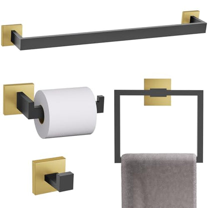 TURS 5-Piece Bathroom Hardware Set Matte Black and Gold Towel Bar Set Bath Towel Holder Sets SUS 304 Stainless Steel Wall Mounted Towel Rack Sets for Bathroom. - color: Black&gold, size: Set D