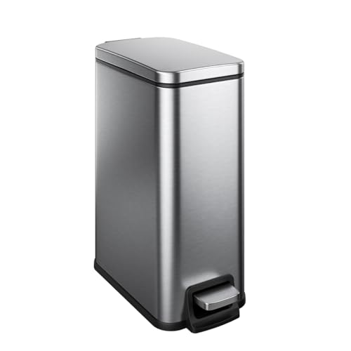 Slim Bathroom Trash Can with Lid Soft Close, 1.6 Gallon Stainless Steel Garbage Can with Removable Inner Bucket, Durable Step Pedal, Small Trash Bins for Toilet, Bedroom, Kitchen, Office - color: Silver, size: 1.6 Gallon
