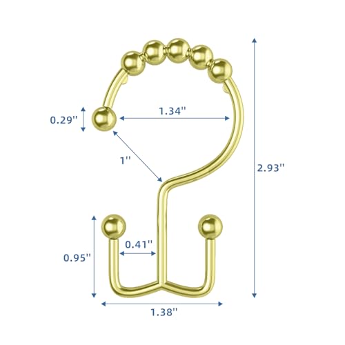 Light Gold Shower Curtain Hooks Double Sided with Roller Balls | for Bathroom Rods, for Shower Curtain and Liner, Smooth Gliding, Rustproof Metal, Set of 12 Hooks - color: Light Gold