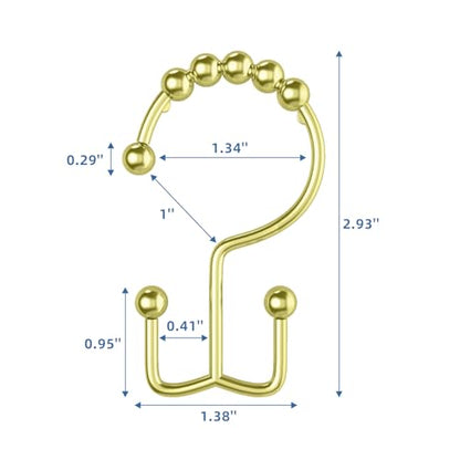 Light Gold Shower Curtain Hooks Double Sided with Roller Balls | for Bathroom Rods, for Shower Curtain and Liner, Smooth Gliding, Rustproof Metal, Set of 12 Hooks - color: Light Gold