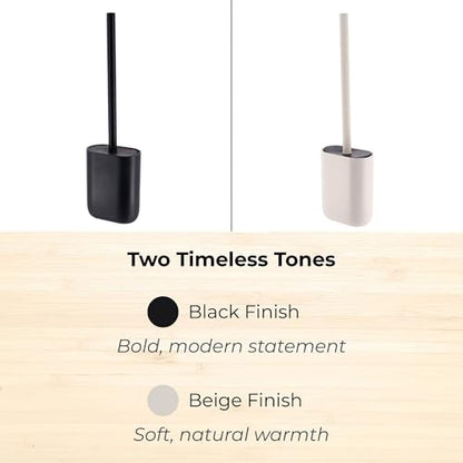 Oval Toilet Brush & Holder Set, Steel Handle, Deep Clean, Polyresin, Beige | Compact, Toilet cleaning, Daily hygiene, Guest bathroom, Small spaces, Hygienic Discreet Holder, Easy to Clean, Sturdy Build - color: Beige