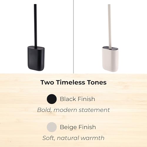 Oval Toilet Brush & Holder Set, Steel Handle, Japandi Decor, Compact, Black | Polyresin, Toilet cleaning, Daily hygiene, Guest bathroom, Small spaces, Hygienic Discreet Holder, Easy to Clean - color: Black