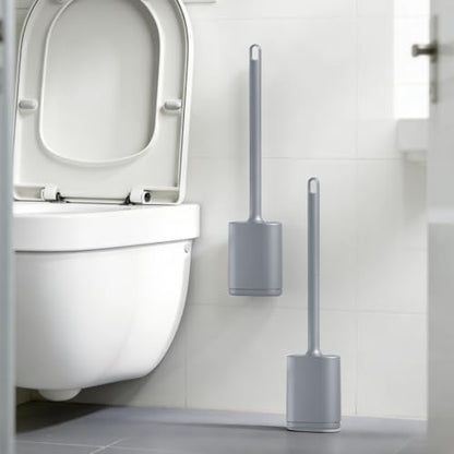 Silicone Toilet Brush and Holder Set, Flexible Toilet Bowl Brush Head with Silicone, Long Handle, Wall Mounted with Removable Anti-Leakage Base, Soft Bristles for Bathroom Deep Cleaning (Grey) - color: Gray