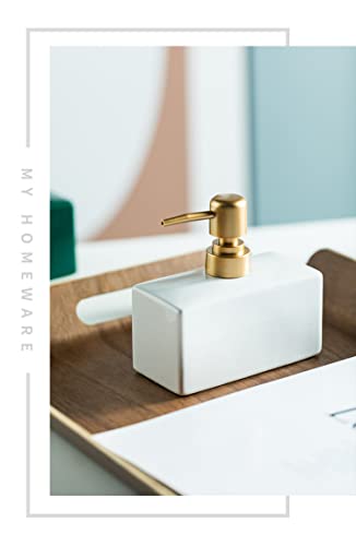 Modern Soap Dispenser with Matte Golden Pump for Bathroom, 13.5 oz Ceramic Rectangle Lotion Dispenser, Refillable Dish Soap Dispenser (White) | 13.5 oz Ceramic Lotion Dispenser, Refillable Dish Soap Dispenser - color: White