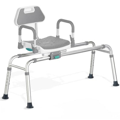 Sliding Shower Chair Tub Transfer Bench with Swivel Seat, Shower Bench for Elderly and Disabled, with Security Belt, 360 Rotation, Slides and Rotates, Adjustable,one Touch Slide Button, Grey - color: Grey