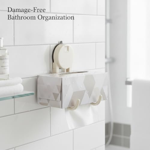 Suction Cup Tissue Box Holder with Double Hooks, Wall Mount Bathroom Dispenser for Tile, Glass & Mirror, No Drilling Required (Gray/White) - color: White