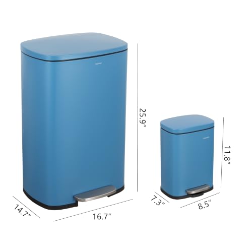 happimess Connor 2-Piece Iron Trash Can, Bright Cobalt Blue | 13.2 And 1.3 Gallons, Rectangular, Soft-Close Lid, Step Pedal, 20 Liners, 26" And 12" Height - color: Bright Cobalt Blue