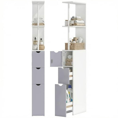 HOMCOM 54" Tall Bathroom Storage Cabinet, Freestanding, 2-Tier Shelf, White | Linen Tower, Drawers, Narrow Side Floor Organizer - color: White