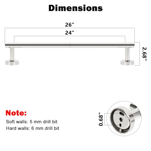 NearMoon Bath Towel Bar, Thicken Stainless Steel Shower Towel Rack Holder Wall Mounted for Bathroom, 26-lnch Overall Length-24-lnch Usable Hanging Space (1 Pack, Chrome Finish) - color: Chrome Finish, size: 26 Inch