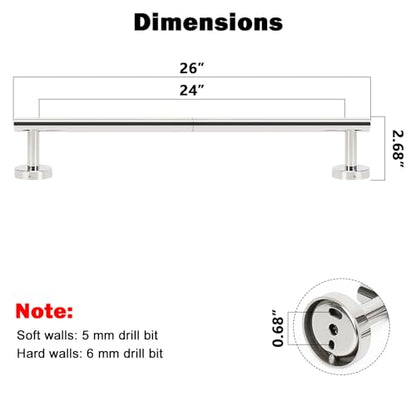 NearMoon Bath Towel Bar, Thicken Stainless Steel Shower Towel Rack Holder Wall Mounted for Bathroom, 26-lnch Overall Length-24-lnch Usable Hanging Space (1 Pack, Chrome Finish) - color: Chrome Finish, size: 26 Inch