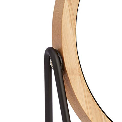 Amazon Basics Vanity Round Tabletop Mirror with Bamboo Rim, Double Sided Magnifying, 360° Rotation, Black, 7.2"L x 2.87"W - size: 7.2"L x 2.9"W, style: Bamboo Rim Without Base
