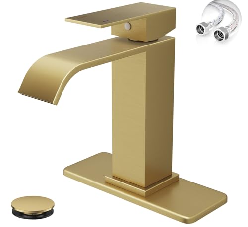 Brushed Gold Bathroom Faucets Evolvegoods Modern Waterfall Bathroom Faucet | Single Handle 1 or 3 Hole Bathroom Sink Faucet RV Mixer Tap Vanity Faucet with Deck Plate Pop-up Drain and Supply Lines - color: Brushed Gold