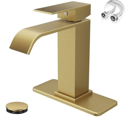 Brushed Gold Bathroom Faucets Evolvegoods Modern Waterfall Bathroom Faucet | Single Handle 1 or 3 Hole Bathroom Sink Faucet RV Mixer Tap Vanity Faucet with Deck Plate Pop-up Drain and Supply Lines - color: Brushed Gold