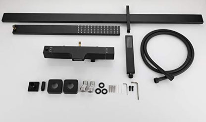Wall Mounted Contemporary Thermostatic Shower Faucet Set Mixer Bathroom Bathtub Tap Fixtures Rainfall Waterfall Exposed Pipe Shower System with Tub Spout for Shower and Bath 3 Functions Matte Black