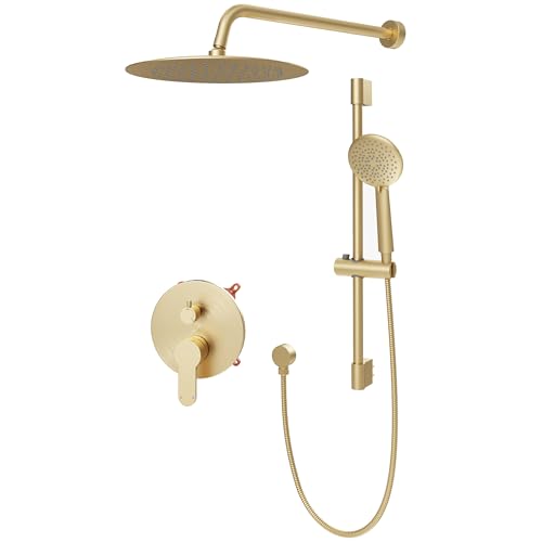 Gabrylly Shower System, Slide Bar Shower Faucet Set, 10", Brushed Gold | Rainfall Shower Head with 5-Setting Handheld Spray, Wall Mounted Shower Set Included 2-Way Shower Valve and Trim Kit - color: Brushed Gold, size: 10 Inch