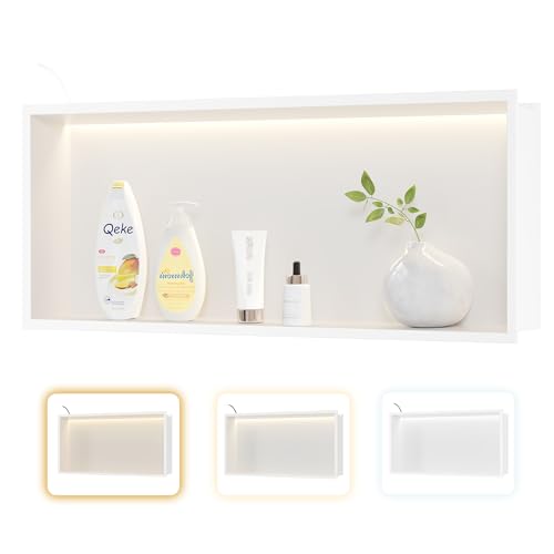 Qeke 30" X 12" Stainless Steel Shower Niche w/ 3 CCT Dimmable Light, White | No Tile Needed Wall Niche, Recessed Niche w/ Light(3000K/4000K/6000K), IP66 Waterproof, Space Saving & Durable - color: Matte White, size: 30" X 12"