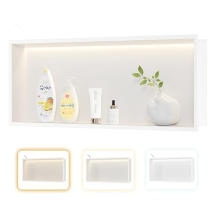 Qeke 30" X 12" Stainless Steel Shower Niche w/ 3 CCT Dimmable Light, White | No Tile Needed Wall Niche, Recessed Niche w/ Light(3000K/4000K/6000K), IP66 Waterproof, Space Saving & Durable - color: Matte White, size: 30" X 12"