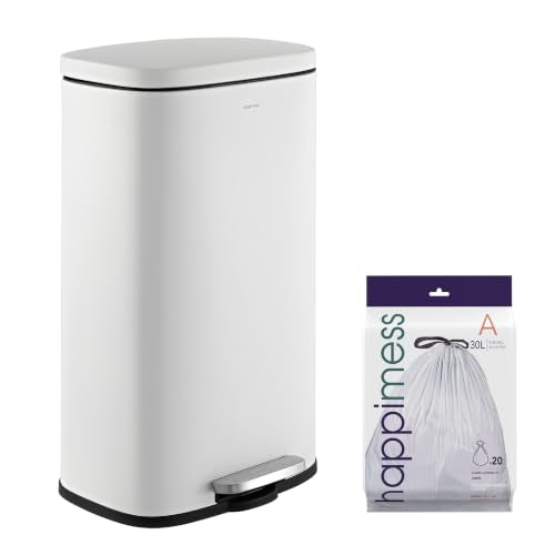 happimess Curtis 8 Gal Step Trash Can Soft Close 25", Cotton White | Stainless Steel, Fingerprint Resistant Satin Finish, Removable Liner, Steel Pedal, 20 Trash Bags Included, Kitchen Bin - color: White